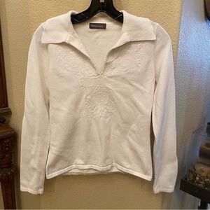 MENDOCINO White Embroidery V-Neck Cottage Core Long Sleeve Top Size Small